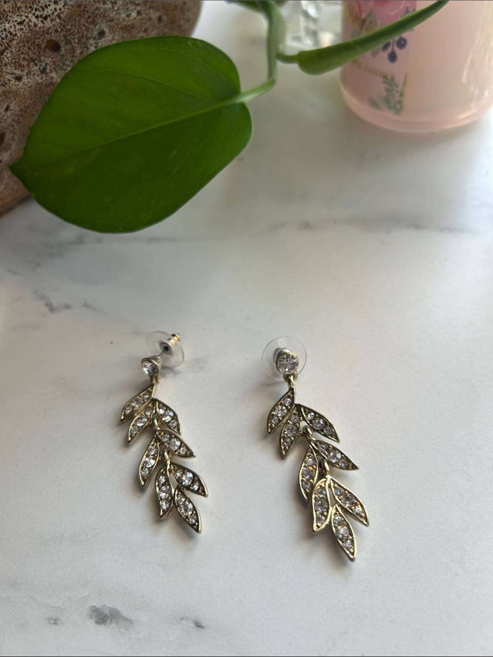 Gold Leaf Drop Earrings with Clear Crystals - Women Jewelry